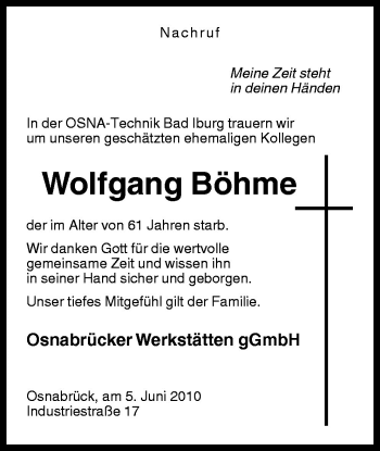 Traueranzeige von Wolfgang Böhme von Neue Osnabrücker Zeitung GmbH & Co. KG