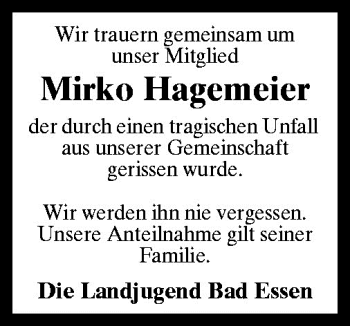 Traueranzeige von Mirko Hagemeier von Neue Osnabrücker Zeitung GmbH & Co. KG