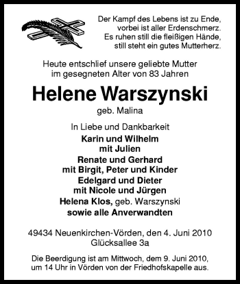 Traueranzeige von Helene Warszynski von Neue Osnabrücker Zeitung GmbH & Co. KG