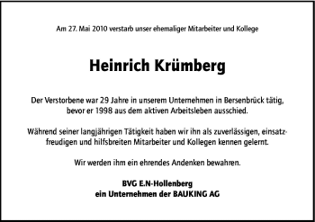 Traueranzeige von Heinrich Krümberg von Neue Osnabrücker Zeitung GmbH & Co. KG