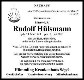 Traueranzeige von Rudolf Hülsmann von Neue Osnabrücker Zeitung GmbH & Co. KG