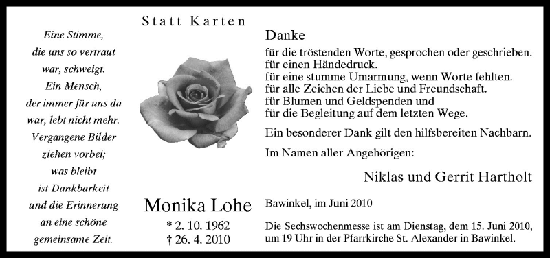  Traueranzeige für Monika Lohe vom 10.06.2010 aus Neue Osnabrücker Zeitung GmbH & Co. KG