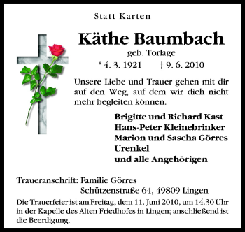Traueranzeige von Käthe Baumbach von Neue Osnabrücker Zeitung GmbH & Co. KG