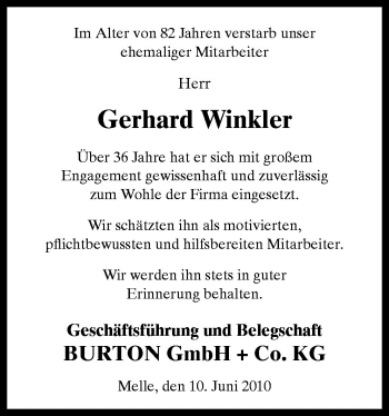 Traueranzeige von Gerhard Winkler von Neue Osnabrücker Zeitung GmbH & Co. KG