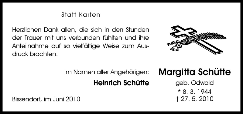  Traueranzeige für Margitta Schütte vom 10.06.2010 aus Neue Osnabrücker Zeitung GmbH & Co. KG