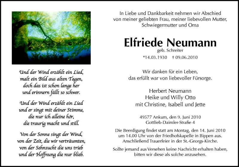  Traueranzeige für Elfriede Neumann vom 11.06.2010 aus Neue Osnabrücker Zeitung GmbH & Co. KG