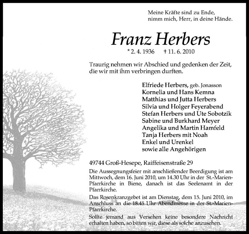  Traueranzeige für Franz Herbers vom 14.06.2010 aus Neue Osnabrücker Zeitung GmbH & Co. KG