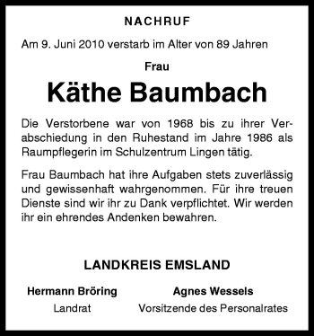 Traueranzeige von Käthe Baumbach von Neue Osnabrücker Zeitung GmbH & Co. KG