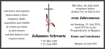 Traueranzeige von Johannes Schwarte von Neue Osnabrücker Zeitung GmbH & Co. KG