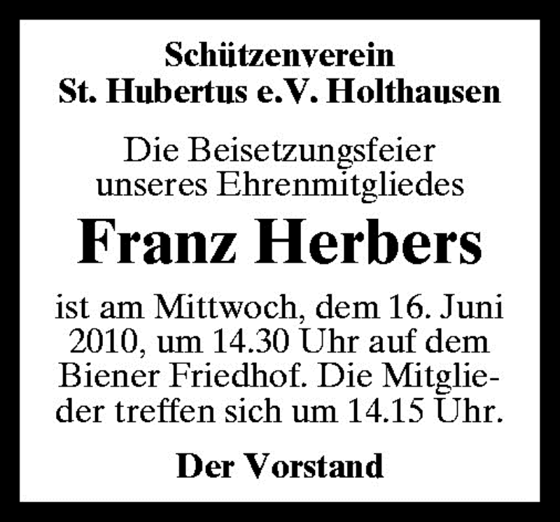  Traueranzeige für Franz Herbers vom 15.06.2010 aus Neue Osnabrücker Zeitung GmbH & Co. KG