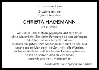 Traueranzeige von Christa Hagemann von Neue Osnabrücker Zeitung GmbH & Co. KG
