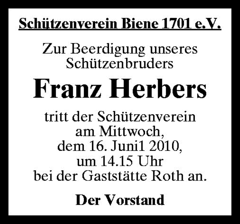  Traueranzeige für Franz Herbers vom 15.06.2010 aus Neue Osnabrücker Zeitung GmbH & Co. KG