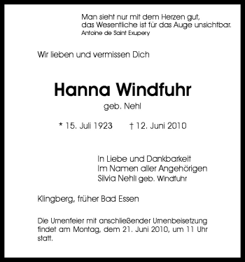 Traueranzeige von Hanna Windfuhr von Neue Osnabrücker Zeitung GmbH & Co. KG