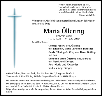 Traueranzeige von Maria Öllering von Neue Osnabrücker Zeitung GmbH & Co. KG