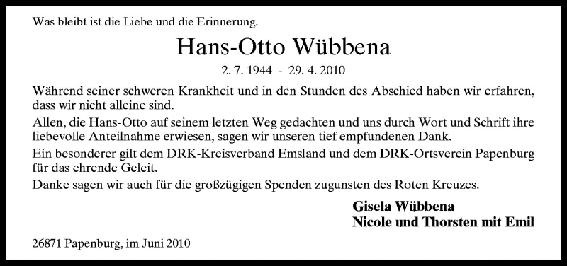  Traueranzeige für Hans-Otto Wübbena vom 19.06.2010 aus Neue Osnabrücker Zeitung GmbH & Co. KG