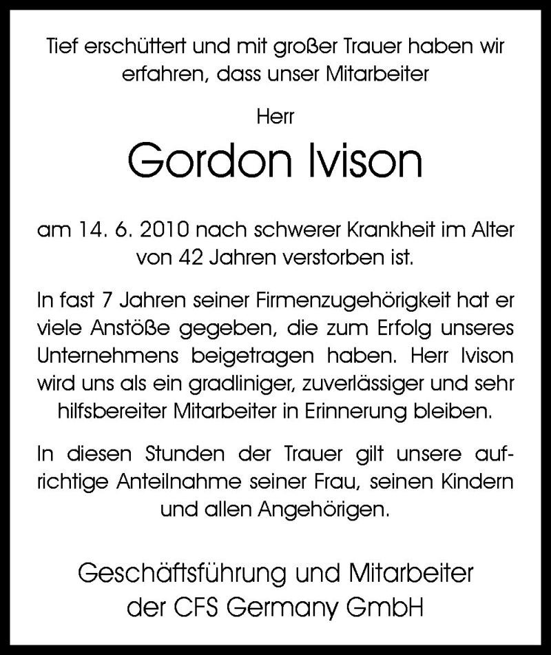  Traueranzeige für Gordon Ivison vom 18.06.2010 aus Neue Osnabrücker Zeitung GmbH & Co. KG