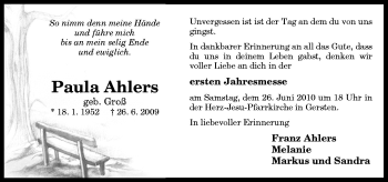 Traueranzeige von Paula Ahlers von Neue Osnabrücker Zeitung GmbH & Co. KG