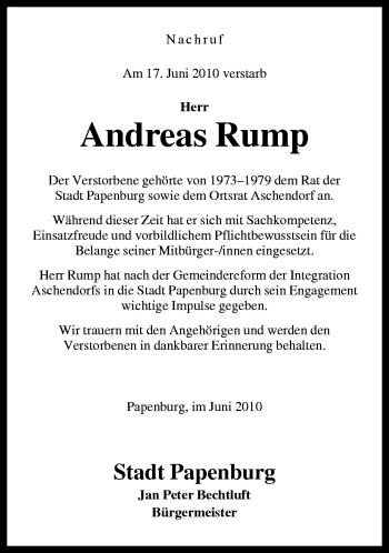 Traueranzeige von Andreas Rump von Neue Osnabrücker Zeitung GmbH & Co. KG