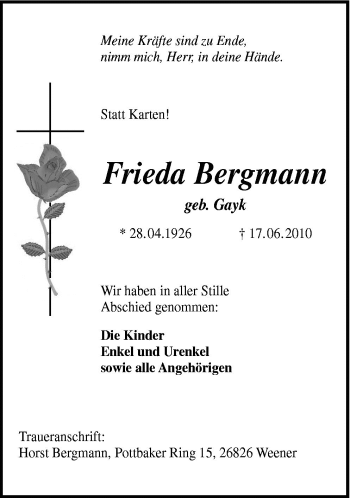 Traueranzeige von Frieda Bergmann von Neue Osnabrücker Zeitung GmbH & Co. KG