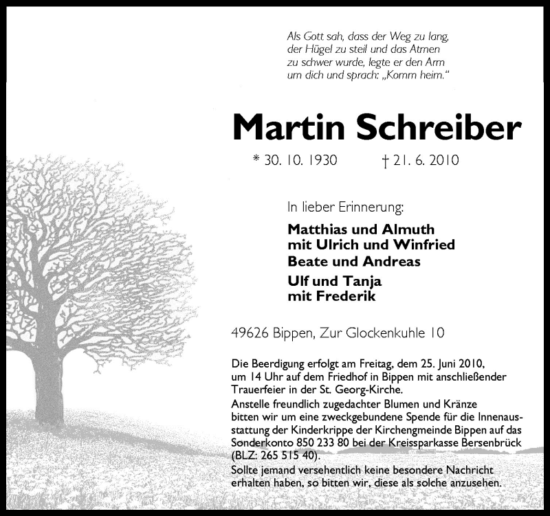  Traueranzeige für Martin Schreiber vom 23.06.2010 aus Neue Osnabrücker Zeitung GmbH & Co. KG