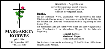 Traueranzeige von Margareta Korwes von Neue Osnabrücker Zeitung GmbH & Co. KG