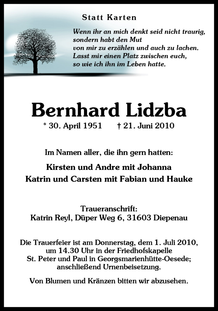  Traueranzeige für Bernhard Lidzba vom 26.06.2010 aus Neue Osnabrücker Zeitung GmbH & Co. KG