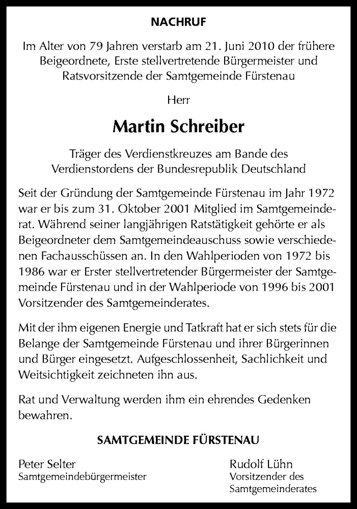  Traueranzeige für Martin Schreiber vom 25.06.2010 aus Neue Osnabrücker Zeitung GmbH & Co. KG