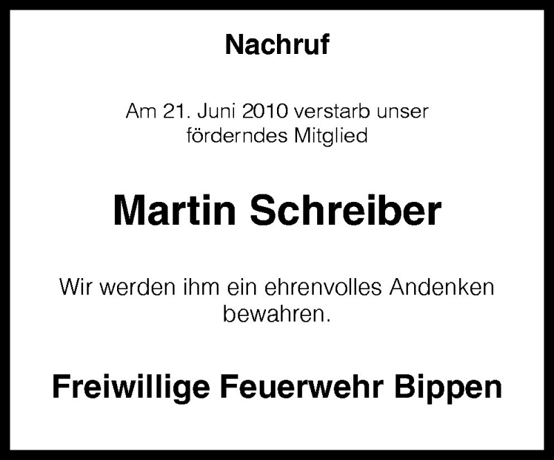  Traueranzeige für Martin Schreiber vom 24.06.2010 aus Neue Osnabrücker Zeitung GmbH & Co. KG