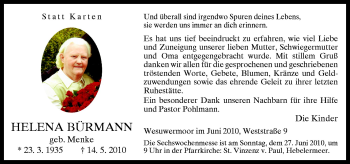 Traueranzeige von Helena Bürmann von Neue Osnabrücker Zeitung GmbH & Co. KG