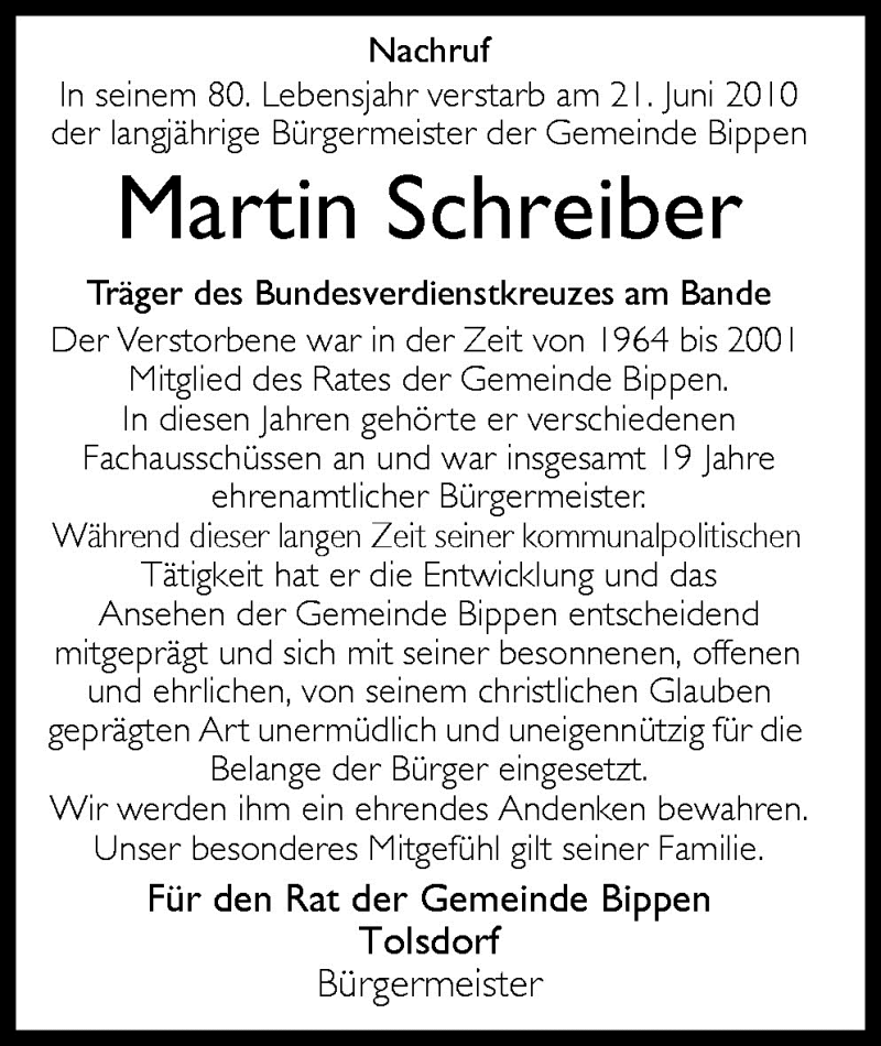  Traueranzeige für Martin Schreiber vom 25.06.2010 aus Neue Osnabrücker Zeitung GmbH & Co. KG