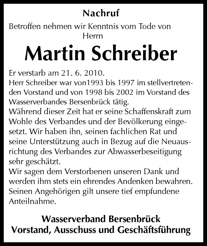  Traueranzeige für Martin Schreiber vom 26.06.2010 aus Neue Osnabrücker Zeitung GmbH & Co. KG