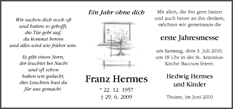  Traueranzeige für Franz Hermes vom 29.06.2010 aus Neue Osnabrücker Zeitung GmbH & Co. KG