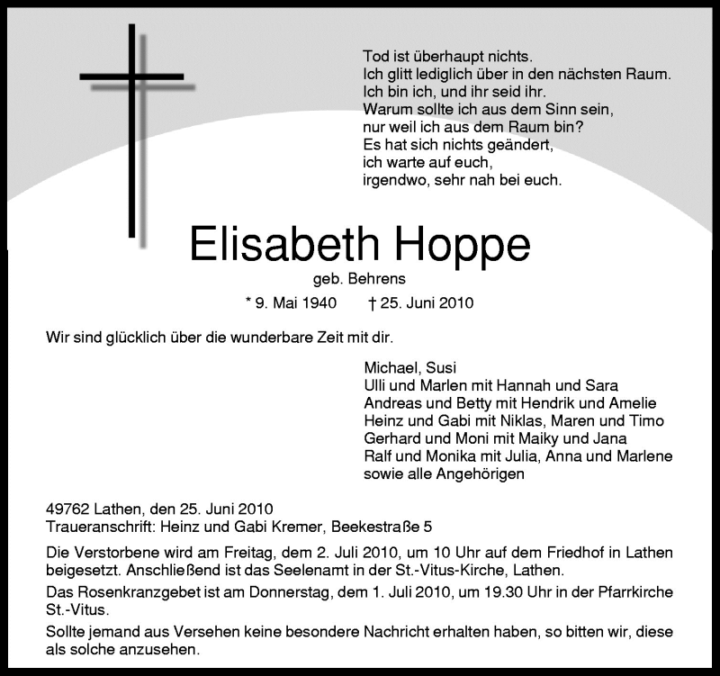  Traueranzeige für Elisabeth Hoppe vom 28.06.2010 aus Neue Osnabrücker Zeitung GmbH & Co. KG