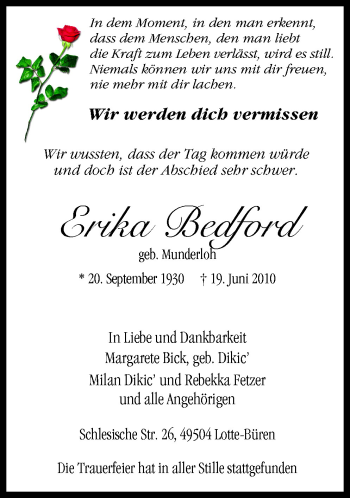 Traueranzeige von Erika Bedford von Neue Osnabrücker Zeitung GmbH & Co. KG