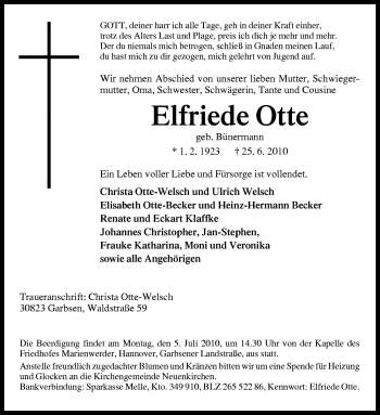 Traueranzeige von Elfriede Otte von Neue Osnabrücker Zeitung GmbH & Co. KG