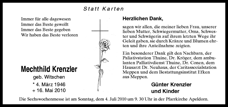  Traueranzeige für Mechthild Krenzler vom 30.06.2010 aus Neue Osnabrücker Zeitung GmbH & Co. KG