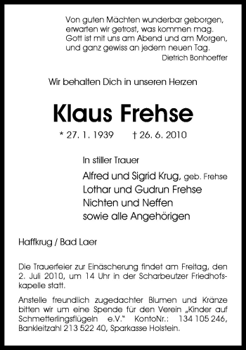 Traueranzeige von Klaus Frehse von Neue Osnabrücker Zeitung GmbH & Co. KG