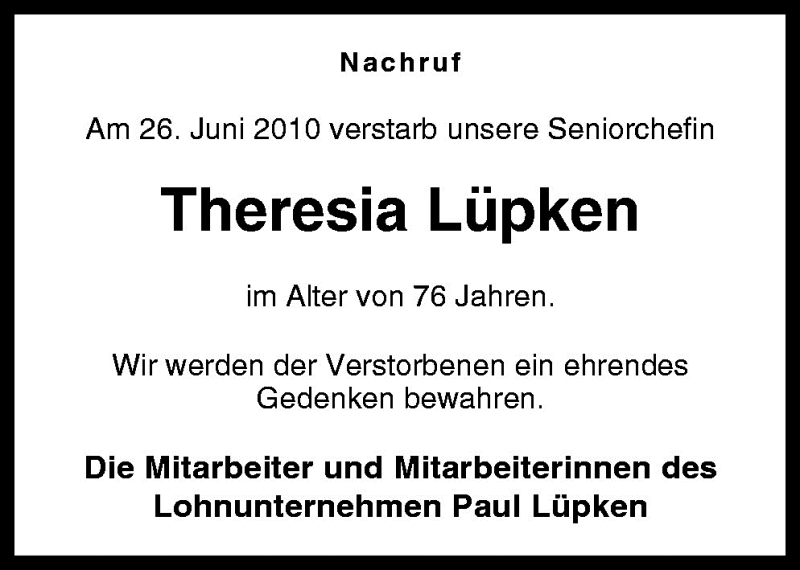  Traueranzeige für Theresia Lüpken vom 30.06.2010 aus Neue Osnabrücker Zeitung GmbH & Co. KG