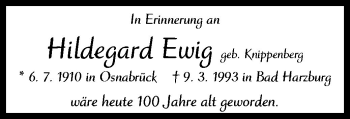 Traueranzeige von Hildegard Ewig von Neue Osnabrücker Zeitung GmbH & Co. KG