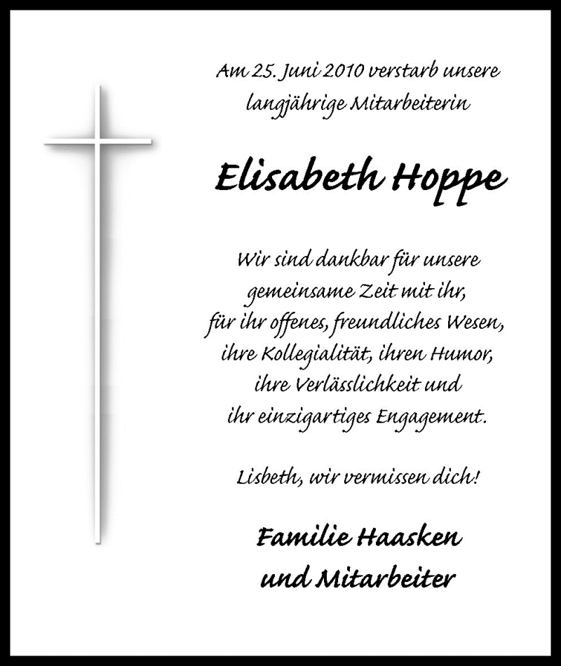  Traueranzeige für Elisabeth Hoppe vom 01.07.2010 aus Neue Osnabrücker Zeitung GmbH & Co. KG