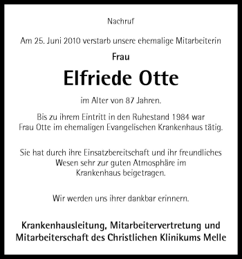 Traueranzeige von Elfriede Otte von Neue Osnabrücker Zeitung GmbH & Co. KG