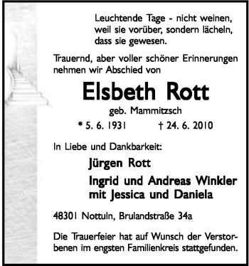 Traueranzeige von Elsbeth Rott von Neue Osnabrücker Zeitung GmbH & Co. KG