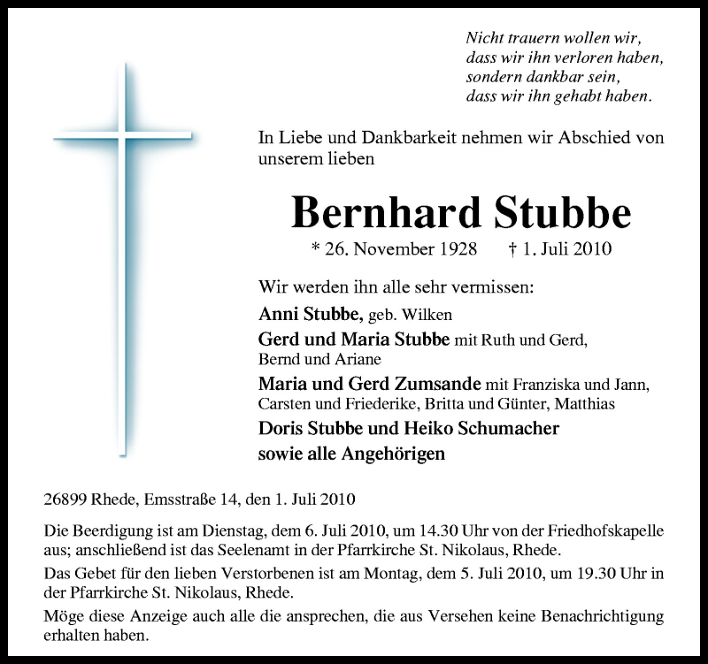  Traueranzeige für Bernhard Stubbe vom 03.07.2010 aus Neue Osnabrücker Zeitung GmbH & Co. KG