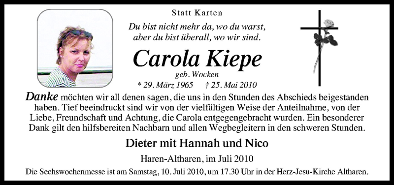  Traueranzeige für Carola Kiepe vom 07.07.2010 aus Neue Osnabrücker Zeitung GmbH & Co. KG