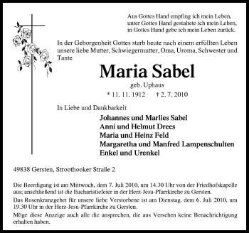 Traueranzeige von Maria Sabel von Neue Osnabrücker Zeitung GmbH & Co. KG