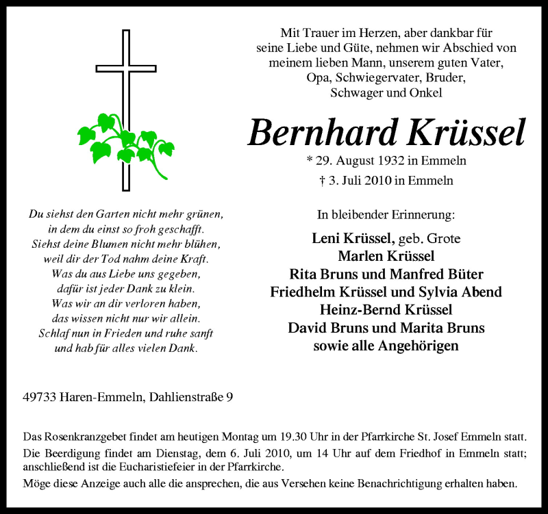  Traueranzeige für Bernhard Krüssel vom 05.07.2010 aus Neue Osnabrücker Zeitung GmbH & Co. KG