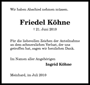 Traueranzeige von Friedel Köhne von Neue Osnabrücker Zeitung GmbH & Co. KG