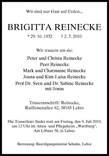 Traueranzeige von Brigitta Reinecke von Neue Osnabrücker Zeitung GmbH & Co. KG