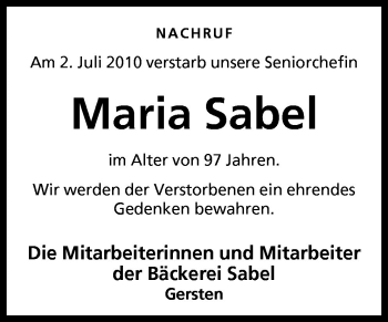 Traueranzeige von Maria Sabel von Neue Osnabrücker Zeitung GmbH & Co. KG
