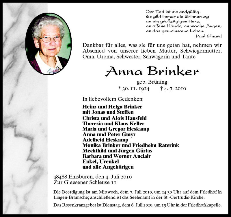  Traueranzeige für Anna Brinker vom 06.07.2010 aus Neue Osnabrücker Zeitung GmbH & Co. KG